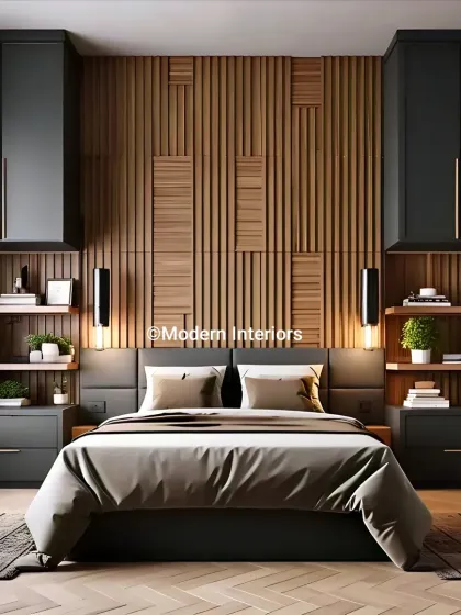 We create serene master bedrooms that are both stylish and functional. This design features a dramatic fluted wood accent wall, symmetrical built-in wardrobes with integrated nightstands, and warm ambient lighting for a cozy, luxurious feel.