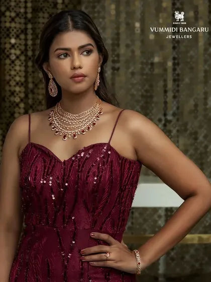 A glamorous evening look for a Vummidi Bangaru Jewellers campaign. We styled a gorgeous ruby and diamond necklace set with a deep red, sequined cocktail gown. This shows how we pair fine jewellery with western silhouettes for a modern, sophisticated feel.