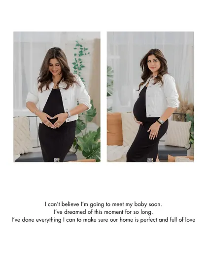 The mother-to-be cradles her bump, her hands forming a heart, in this beautiful solo portrait.