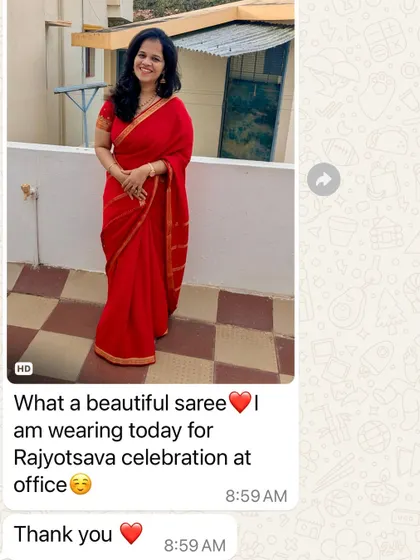 "What a beautiful saree. I am wearing today for Rajyotsava celebration at office." It's wonderful to see my sarees being worn for such special occasions.
