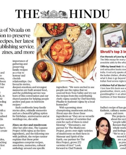 I'm super stoked for this feature in The Hindu, which beautifully captured the essence of Nivaala and our mission to preserve heirloom recipes through journals, zines, and our publishing service.