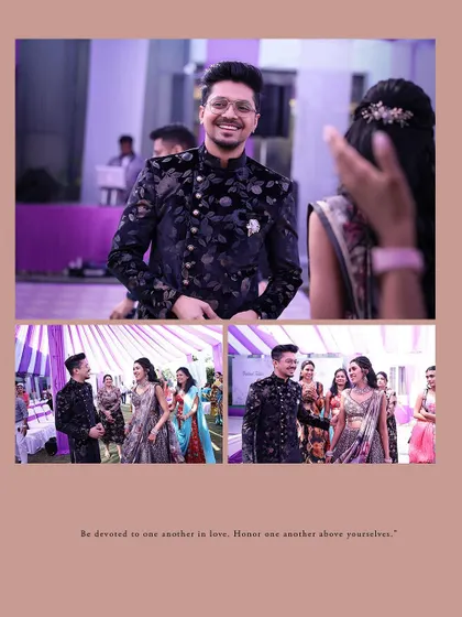 A collage showing the groom's perspective and the couple's interactions during their Sangeet or Mehendi.