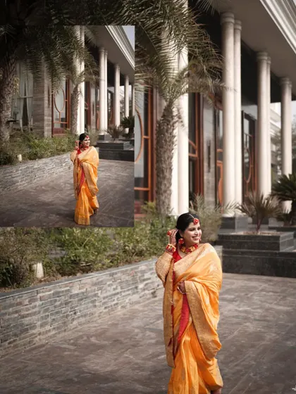 A collage showing the bride in her Haldi attire, walking gracefully in the outdoor area of the venue.