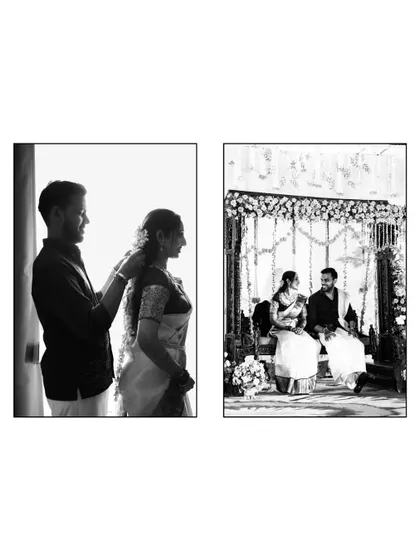 A diptych showing two beautiful moments from a South Indian style wedding. On the left, a quiet, intimate gesture; on the right, the couple seated together during the rituals.