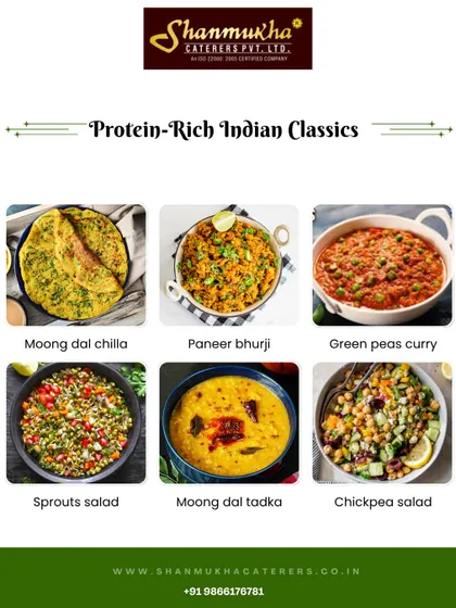 A platter of our protein-rich Indian classics, including Moong Dal Chilla, Paneer Bhurji, Green Peas Curry, and various healthy salads.