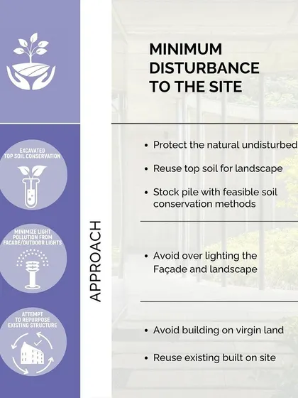 We prioritize protecting undisturbed land and reusing topsoil for landscaping. This graphic from our Edifice Ethos series explains our approach to soil conservation and minimizing light pollution.