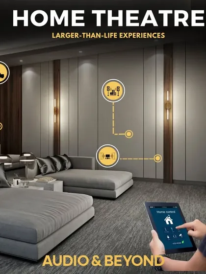 We create larger-than-life home theater experiences. This graphic illustrates how we integrate seating, speakers, and smart controls to put you at the center of the action.