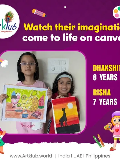 Eight-year-old Dhakshita and seven-year-old Risha let their imagination come to life on canvas with their sweet fruit and giraffe paintings.