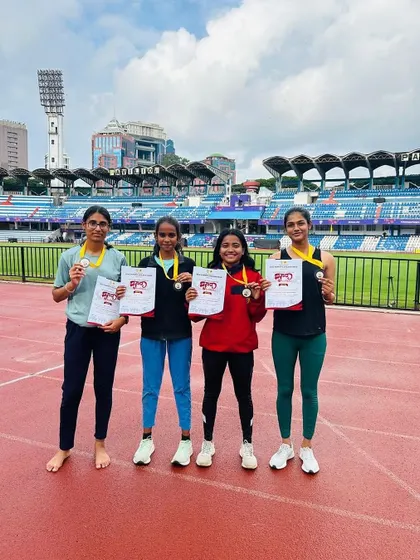 Teamwork makes the dream work. Our girls' 4x100m relay team after winning bronze at the Dasara division meet.