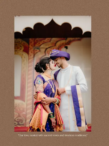 "Our love sealed with sacred vows and timeless traditions." An intimate portrait of the couple, framed to feel like a cherished memory.