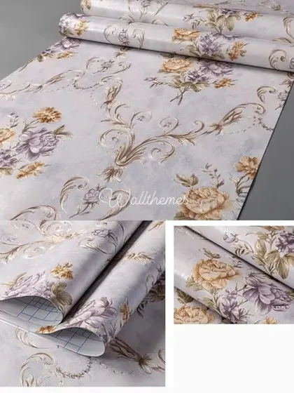 A collage showing a floral damask wallpaper roll with purple and yellow flowers.