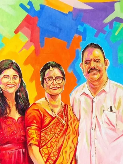 I can combine different people into one frame, as seen in this vibrant family portrait set against a playful, multi-colored abstract background.