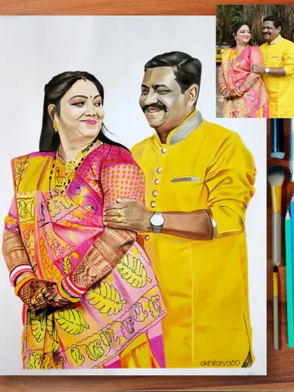 The vibrant yellow and pink outfits in this A3 colored pencil drawing make it so eye-catching. It’s a perfect example of how I can turn a photo into a bright and cheerful piece of art.