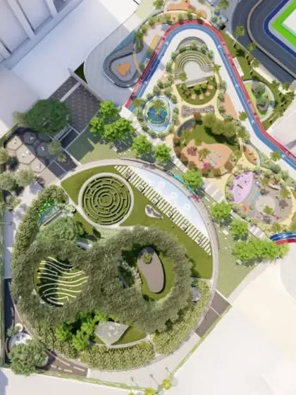 A top-down view of our 'Eden of Eternal Serendipities' project, demonstrating a complex and dynamic layout with distinct zones for recreation, relaxation, and circulation.