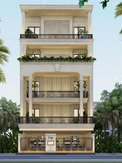 A stately, classic-modern facade for a 271 sq. yard plot in Mansarovar Garden, New Delhi. The design uses arches and columns to create a sense of formal elegance.