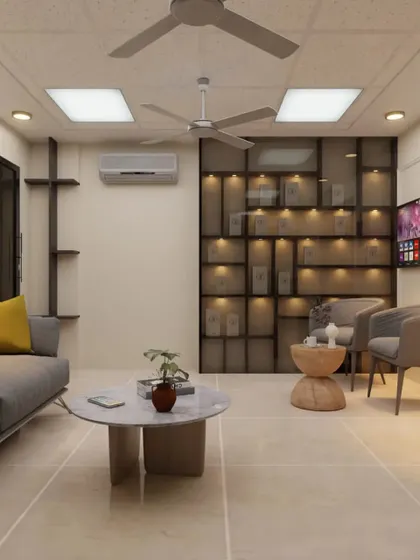 A 3D render of a waiting lounge, showing an alternative shelving design with enclosed glass cabinets. This allows for displaying products or literature in a clean, dust-free manner.