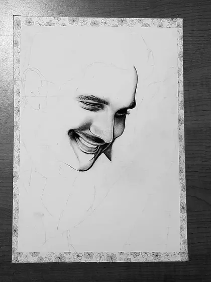 A gallery showing the creation of my tribute to Sushant Singh Rajput. Each image shows a different stage, from the initial sketch to the final emotional portrait.