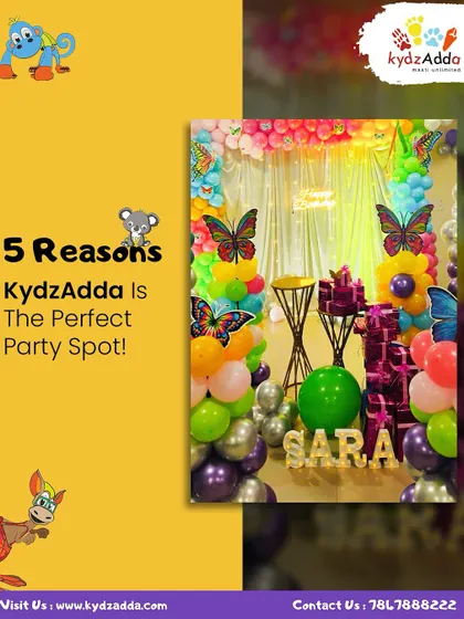 This collage highlights five reasons Kydzadda is the perfect party spot, featuring a vibrant butterfly-themed decoration for Sara's birthday as a prime example of my creative work.
