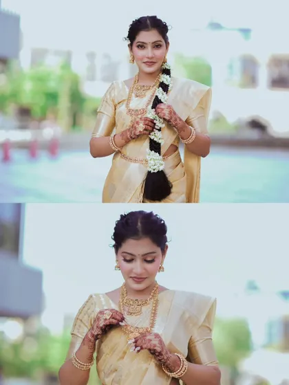 A two-panel image showing close-up and mid-shots of a woman in a traditional saree. These portraits highlight her intricate jewelry and serene expressions.
