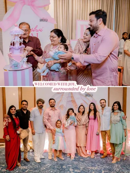 Welcomed with joy, surrounded by love. This collage shows the beautiful family moments from Kaashvi's Dior-inspired baby welcome brunch, including the cake cutting and group photos.