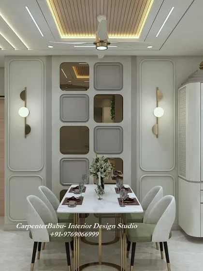 A dining area with a beautiful wall of square niches, some mirrored and some plain, creating a playful pattern. The design is complemented by a modern puja cabinet.