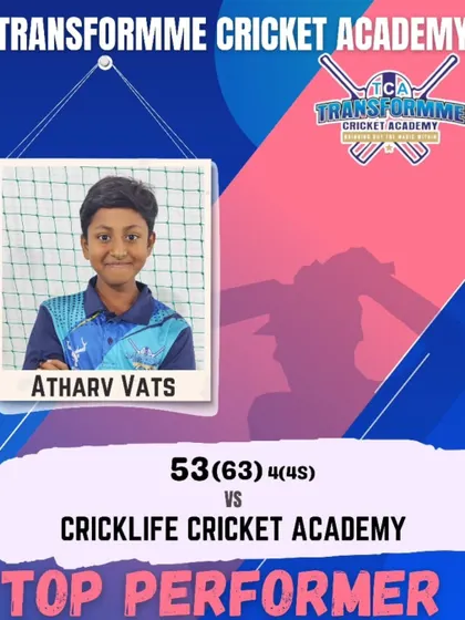 Atharv Vats, recognized for scoring a brilliant fifty against Cricklife Cricket Academy.