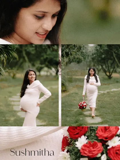 This collage showcases the grace of a mother-to-be during her outdoor maternity session. Dressed in white, she walks through a garden, her calm and happy expression reflecting the beauty of this special time.