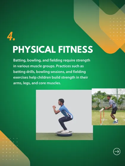 Physical fitness is key. Our drills and exercises are designed to build strength in the arms, legs, and core muscles required for all aspects of cricket.