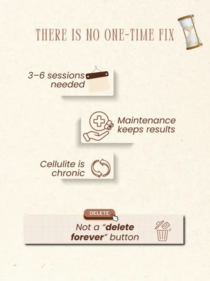 Cellulite is a chronic condition, not a one-time fix. Effective treatment typically requires 3-6 sessions, followed by maintenance to keep the results. There is no "delete forever" button.