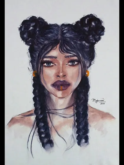 "Pretty brown eyes and a mind full of thoughts." This watercolor portrait focuses on intricate hairstyles and a contemplative expression, capturing a moment of quiet introspection.