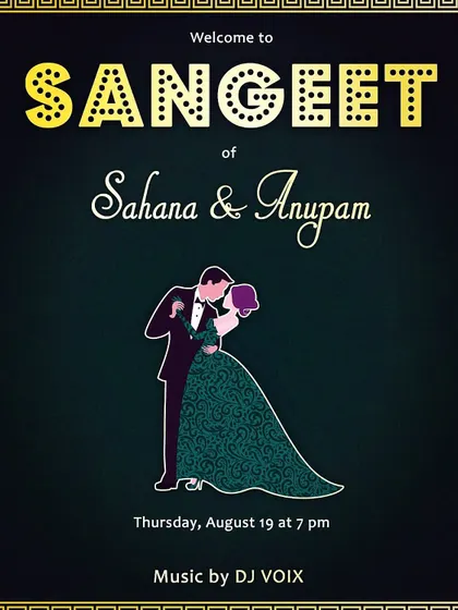 Music for Sahana and Anupam's Sangeet. These nights are all about dance and celebration, and I bring a playlist packed with Bollywood and Bhangra hits.