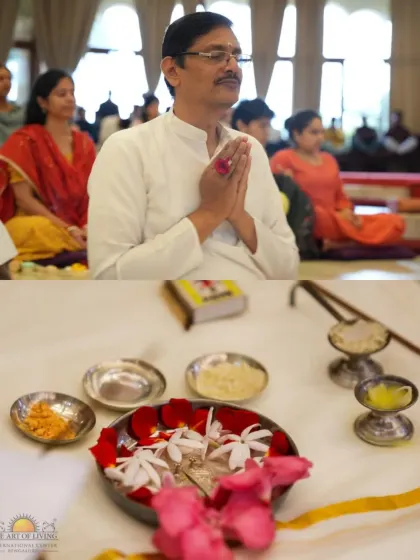 Participants offer prayers during a Guru Puja ceremony. The bottom frame shows the traditional offerings (samagri) like flowers, fruits, and rice used in this sacred ritual of gratitude.