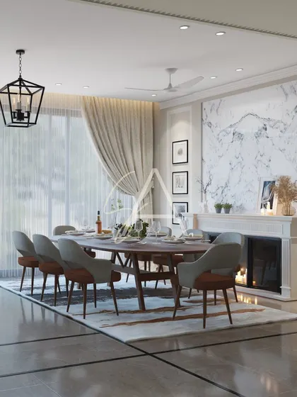 This dining room combines classic and modern elements, with a traditional fireplace and a contemporary dining set. The large marble slab behind the fireplace adds a touch of grandeur and luxury.