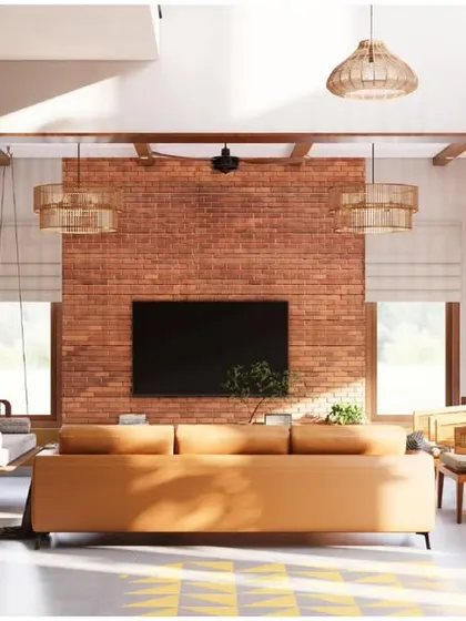 This render shows the view from the courtyard into the living space of the South Bangalore duplex. The design uses Kota stone flooring and a central tree to create a seamless connection between the interior and a natural, earthy feel.