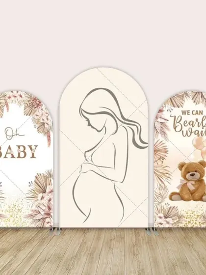 Another variation of our 'Oh Baby' and 'We Can Bearly Wait' teddy bear themed backdrop design, perfect for a stylish baby shower.