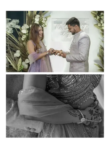 A diptych from an engagement ceremony. The top frame shows the ring exchange, while the bottom is a beautiful black and white detail of their joined hands.