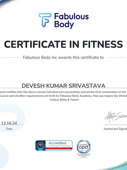 My Certificate in Fitness from Fabulous Body, representing my foundational knowledge in creating effective and safe fitness programs.
