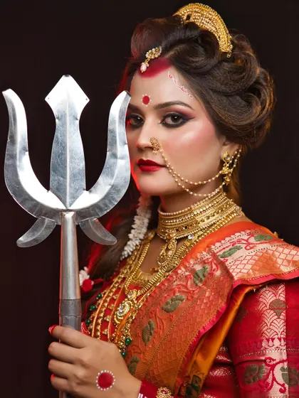A close-up of the Maa Chandraghanta look, showcasing the detailed makeup, the third eye, and the traditional nose ring.