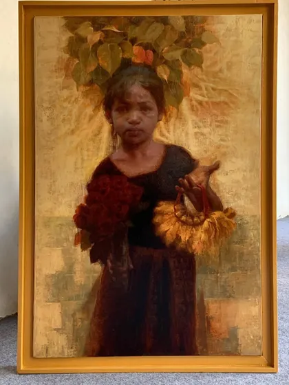 The full, framed painting of "Hope of Innocent Flowers," as it would appear in a gallery.