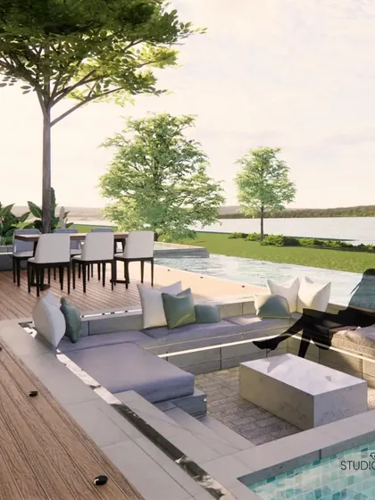 This sunken seating area, part of a private waterfront residence, is designed for intimate gatherings by the infinity pool. The space offers uninterrupted views of the Gurupura river, blending the comfort of a bespoke home with the tranquility of the natural landscape.