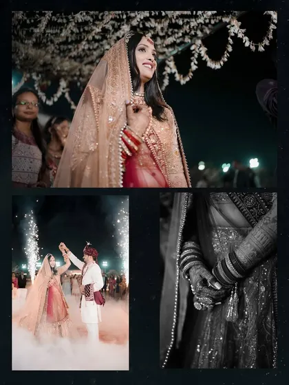 A collection of artistic shots from the wedding night. We play with light and shadow, capturing the bride's serene beauty, the couple's romantic dance, and the intricate details of their hands joined together.