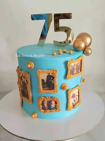A beautiful 75th birthday cake that serves as a gallery of memories. The cake is adorned with edible photos in ornate golden frames, celebrating a life well-lived.