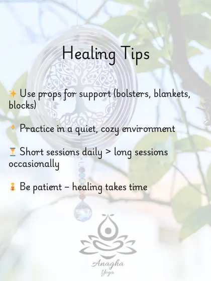 Here are some healing tips for practicing yoga with Fibromyalgia, emphasizing the use of props for support and the importance of short, daily sessions.