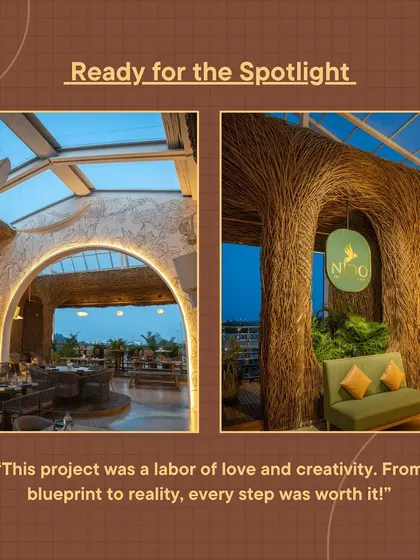 The project is ready for the spotlight. This image juxtaposes the retractable roof and the nest-like entrance of Nido, showcasing two of the key features that make this rooftop bar a labor of love and creativity.