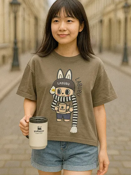 For a more subtle look, we offer this olive green Labubu graphic tee. It features the bunny character in a cozy scarf, perfect for fans who appreciate a more muted color scheme in their character apparel.