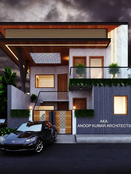 A variation of the modern facade concept, using linear wood slats under the roof instead of a perforated screen. This version plays with horizontal lines and a mix of gray and wood tones.