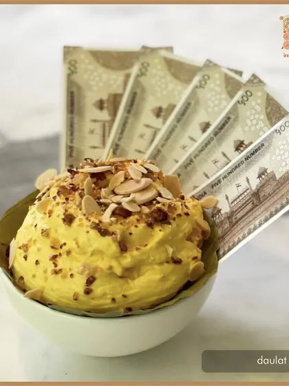 The Daulat ki Chaat, a dessert that is light as a cloud and rich in history. We are proud to have brought this forgotten recipe back to the forefront of modern Indian dining.