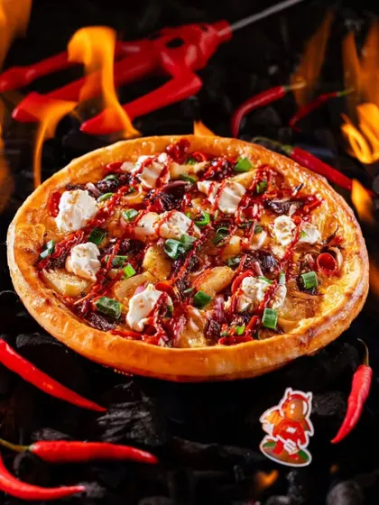 A "devilishly" good pizza from Hundo, surrounded by flames, hot peppers, and a devil's pitchfork. This playful yet dramatic setup reinforces the brand's spicy and rebellious identity.