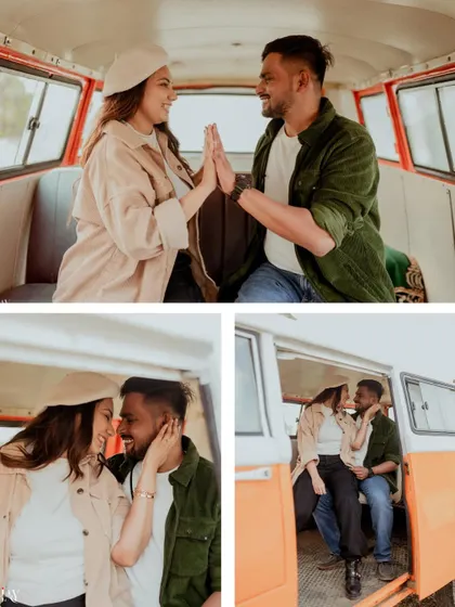 A collage of intimate moments from inside the van, capturing their love story.