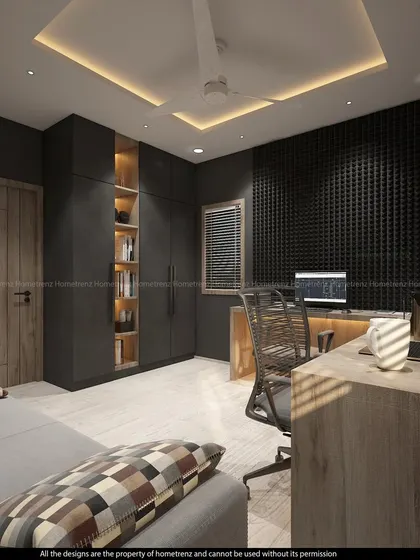 Another view of the home office, showing the built-in shelving and storage cabinet, ensuring the space remains organized and clutter-free.
